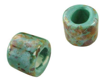 Koraliki ceramiczne / walec / zielony / nakrapiany / 14x17mm / otwór 8x10mm