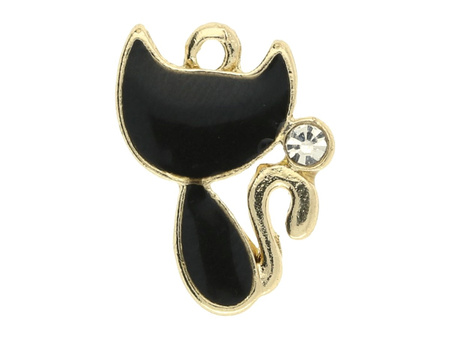 Kot SweetCharm™ / zawieszka charms / 1 cyrkonia / 17x13x1.5mm / KC Gold, czarny / 2szt