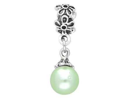 Oponka w kwiaty z perłą / zawieszka charms / 32x10x12mm / srebrny, pistacjowy / 1szt